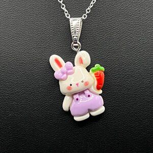 Easter Bunny Rabbit Pendant Necklace on Silver-Toned Bail and Chain